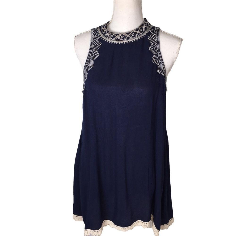 NWT Blue Sleeveless Tunic Top Size Large High Neck Mini Dress Lightweight